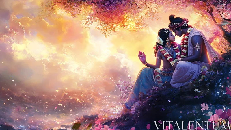 Radiant Garden Romance: Luminous Figures in Mythological Floral Sanctuary.