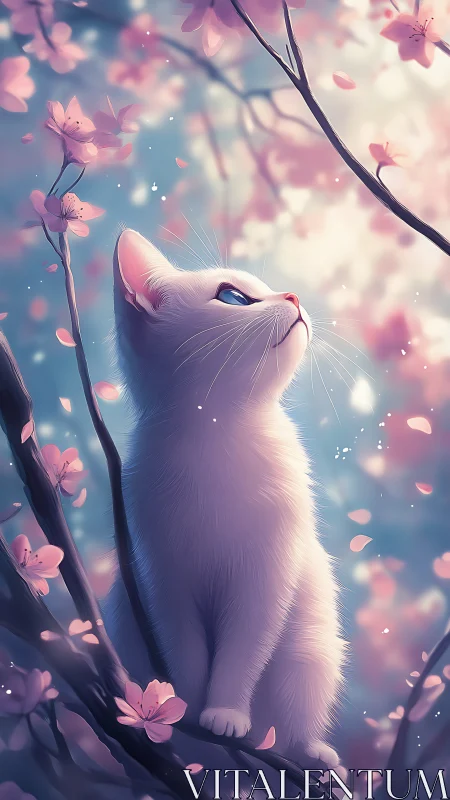 White cat studies falling petals under soft spring light