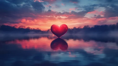 Red heart floating above misty water at dramatic sunset