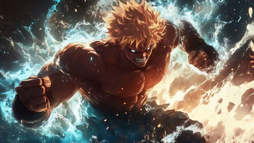 Explosive anime brawler surging through luminous energy storm.