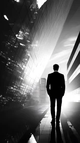 Silhouetted businessman standing in urban canyon street