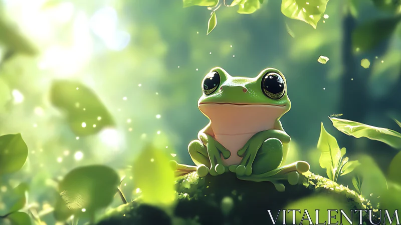 Sunlit forest frog daydreaming on a glowing moss throne.