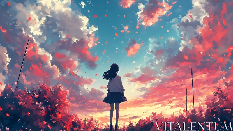 Solitary girl gazes into a blazing, petal-filled sunset sky.