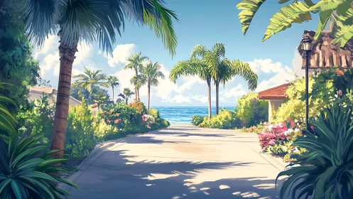 Sunlit palm-lined path gently opens toward a calm sea