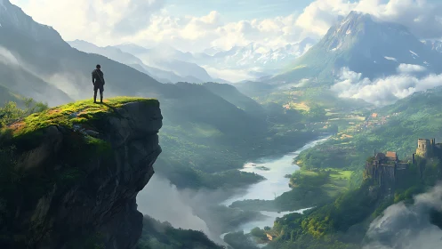 Solitary traveler pauses above a vast sunlit valley view