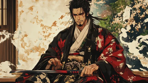 Samurai warrior in ornate kimono with katana at rest.