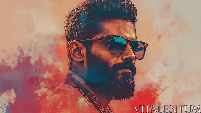 Stylish bearded man in sunglasses amid abstract colors.