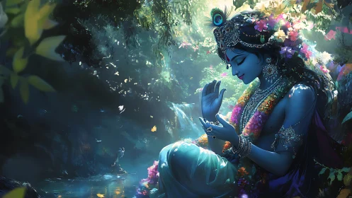 Moonlit blue deity cradles a forest full of drifting prayers