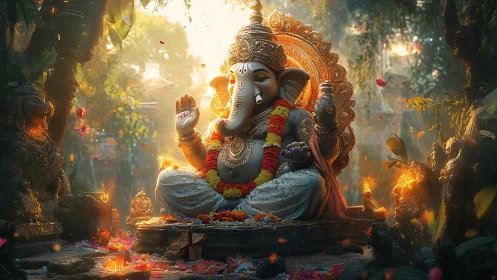 Ganesha idol glows amid jungle shrine with drifting petals