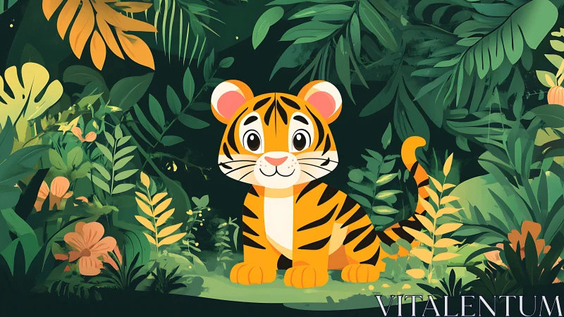 Playful cartoon tiger cub sits in lush jungle foliage.