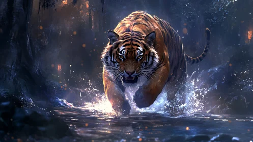 Roaring tiger charges through moonlit jungle waterway.