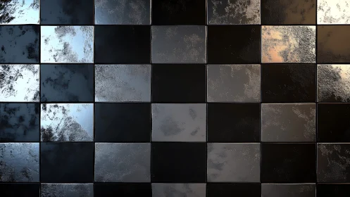 Reflective black metallic tiles in a grid wall pattern.