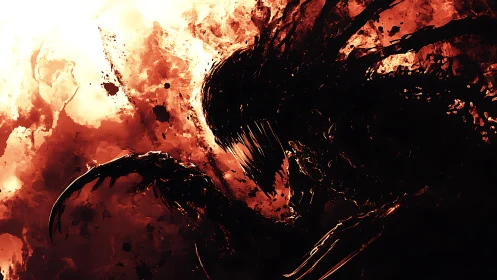 Silhouetted clawed entity is rendered against turbulent reds