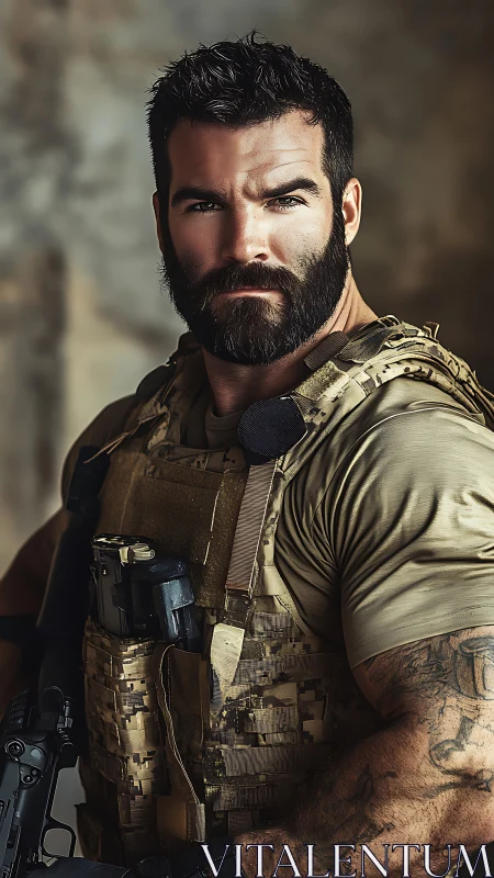 Bearded tactical operator in plate carrier with rifle, portrait