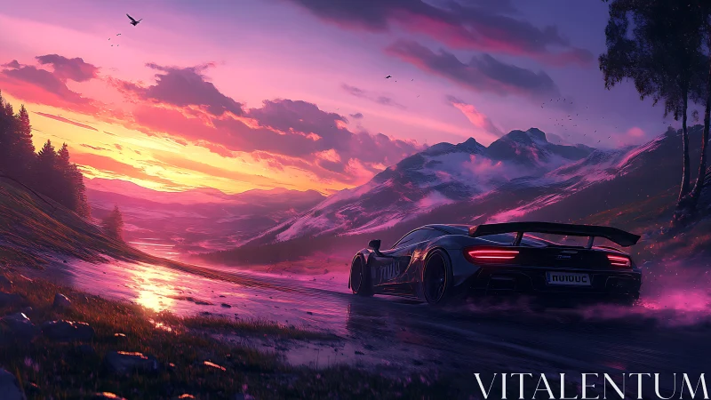 Sports car on mountain road under vivid sunset sky.
