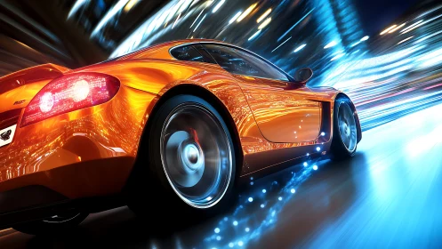 Orange sports coupe in motion through illuminated city street.