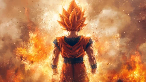 Spiky haired warrior stands amid dense fiery explosion clouds