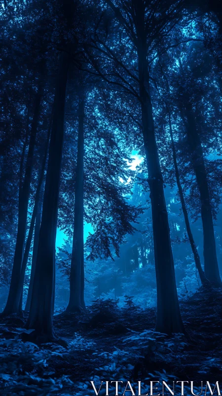 Nocturnal forest canopy with bioluminescent foliage illumination.