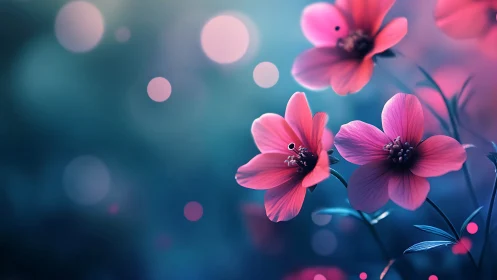 Radiant Pink Flowers Dancing in Dreamy Blue Light