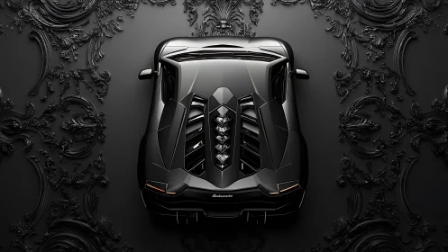 Black supercar rendered top view over ornate dark background