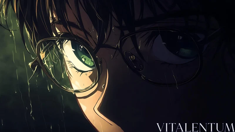 Rain-soaked anime gaze holding quiet storms of emotion.