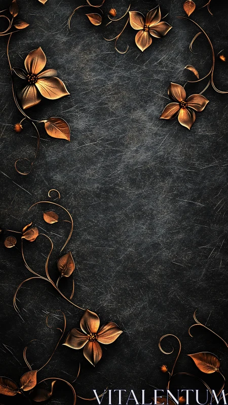 Bronze floral scrollwork over dark textured stone background.