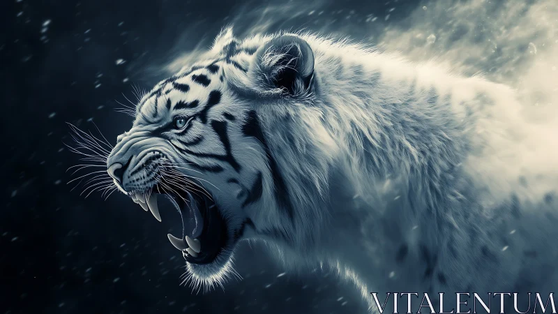 Snow-lit white tiger roars through swirling winter storm.