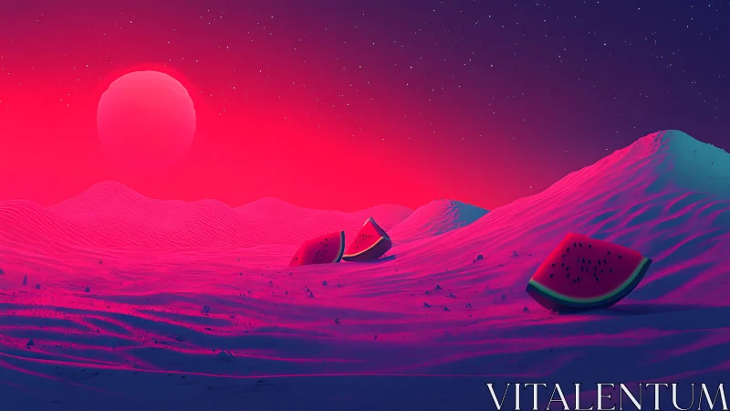 Neon desert landscape with surreal giant watermelon slices.