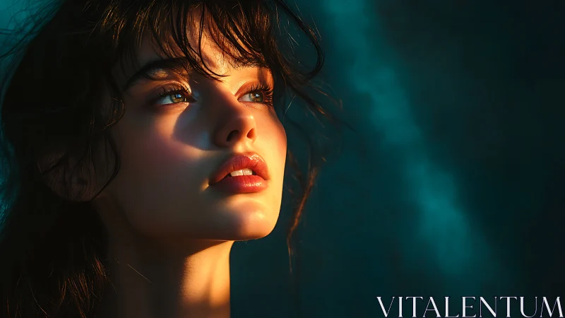 Side-lit female portrait isolates face against dark teal background