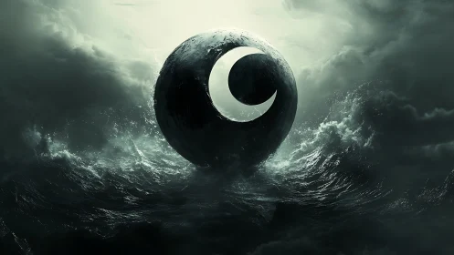 Monolithic crescent sphere emerges from storm-tossed oceanic void