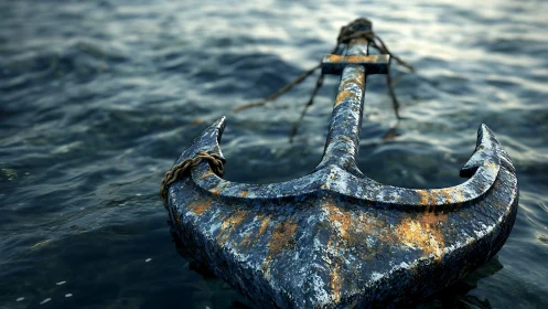 Corroded maritime anchor with surface rust in dynamic seawater.