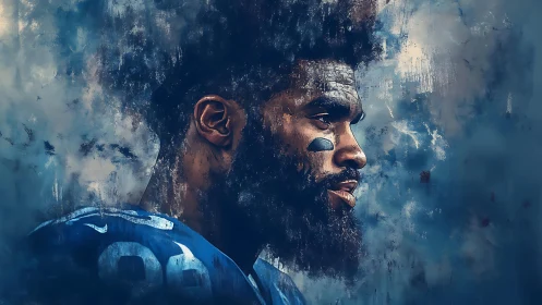 Gridiron portrait of focused athlete in painterly blue haze.