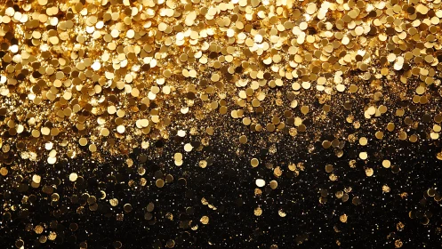 Photographic bokeh cascade of gold glitter on black field.