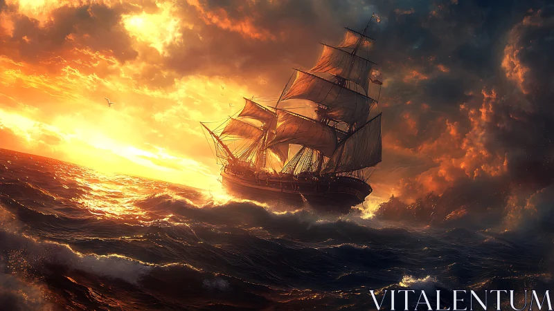 Tri-masted sailing vessel in high-dynamic sunset storm seascape.