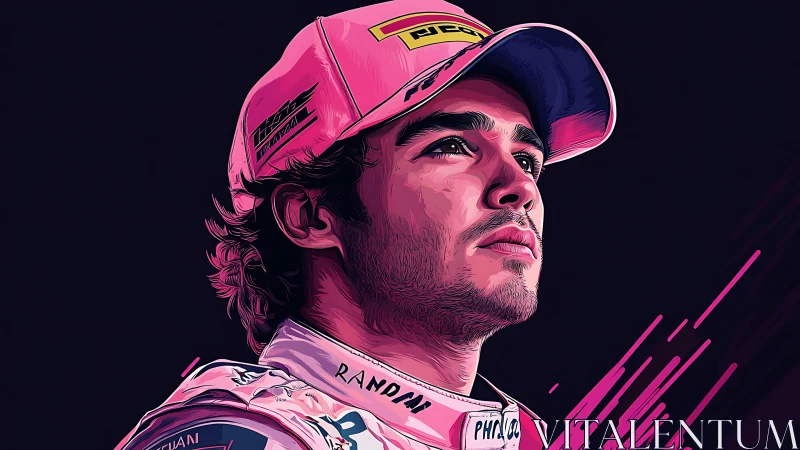 Bold racer portrait glowing with neon pink determination.