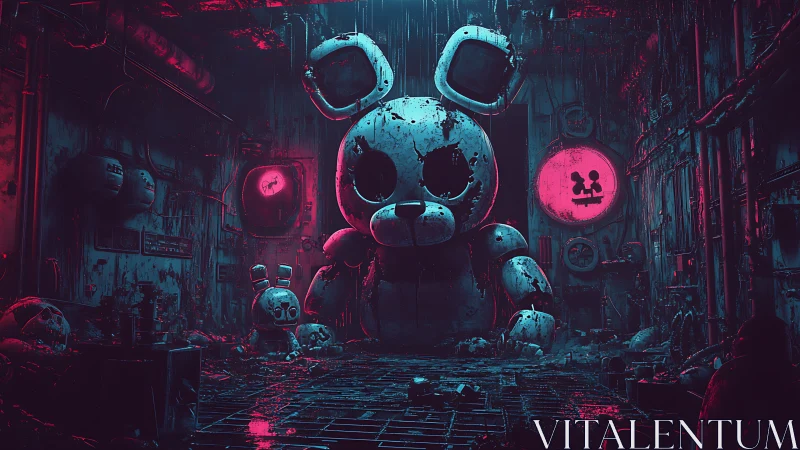 Colossal decayed robot bear in neon industrial ruin.