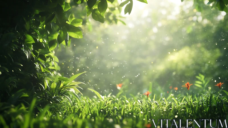 Backlit forest clearing with dew laden grass and red blooms