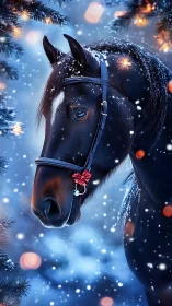 Black horse in snowy forest with glowing winter lights.