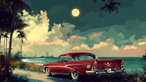 Classic red coupe under full moon by tropical shoreline.