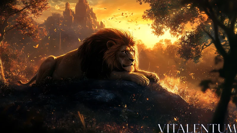 Majestic lion rests on sunlit rock before distant citadel