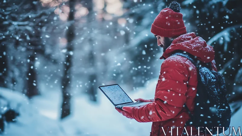 Man using laptop outdoors in snowy winter forest scene.