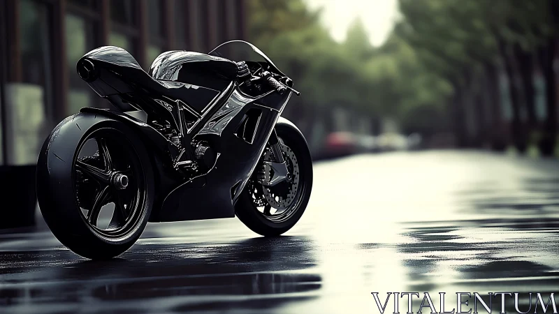 Futuristic sport motorcycle on wet city street at dusk.
