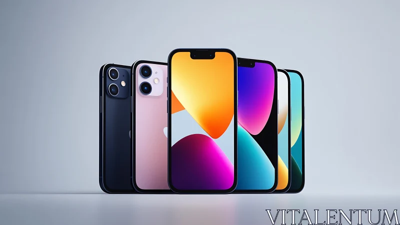 Lineup of modern smartphones with colorful displays shown.