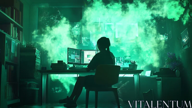Coder silhouette faces glowing green data cloud in dark room