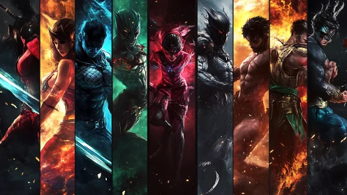 Dynamic lineup of fantasy warriors with elemental auras.