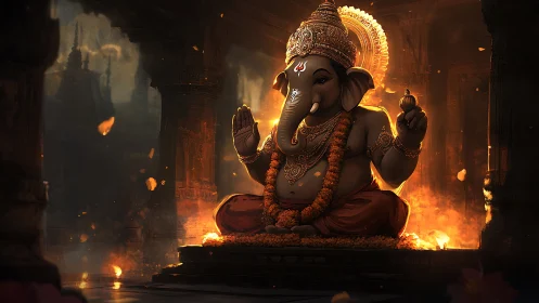 Digital render of Ganesha idol in flaming temple sanctum
