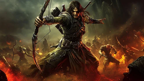 Fierce fantasy archer leading a fiery last stand in battle.