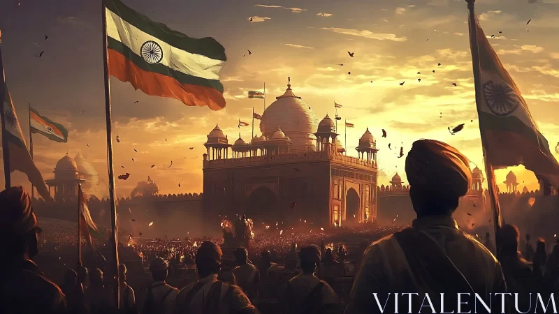 Sunlit patriotic rally before Mughal gate in warm haze