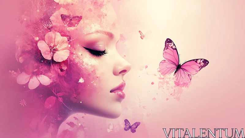 Pink surreal portrait merging flowers, woman, butterflies.