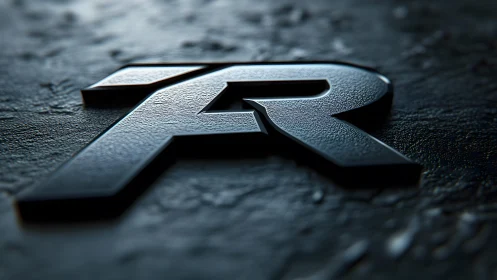 Metallic 3D Letter R Logo on Textured Dark Surface, Realistic Style.